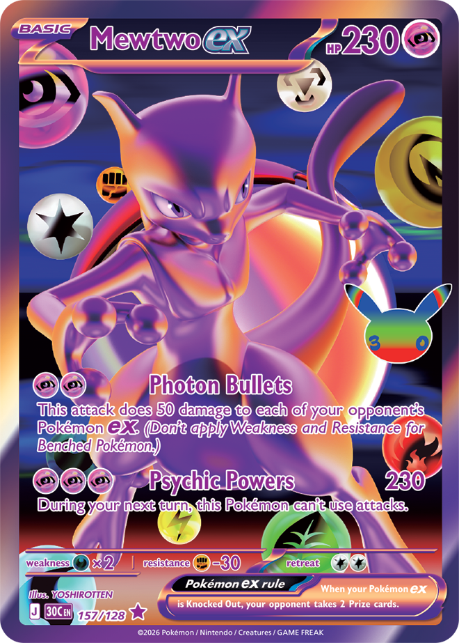 Mewtwo 157 nueva rareza Pokemon TCG 30th Celebration