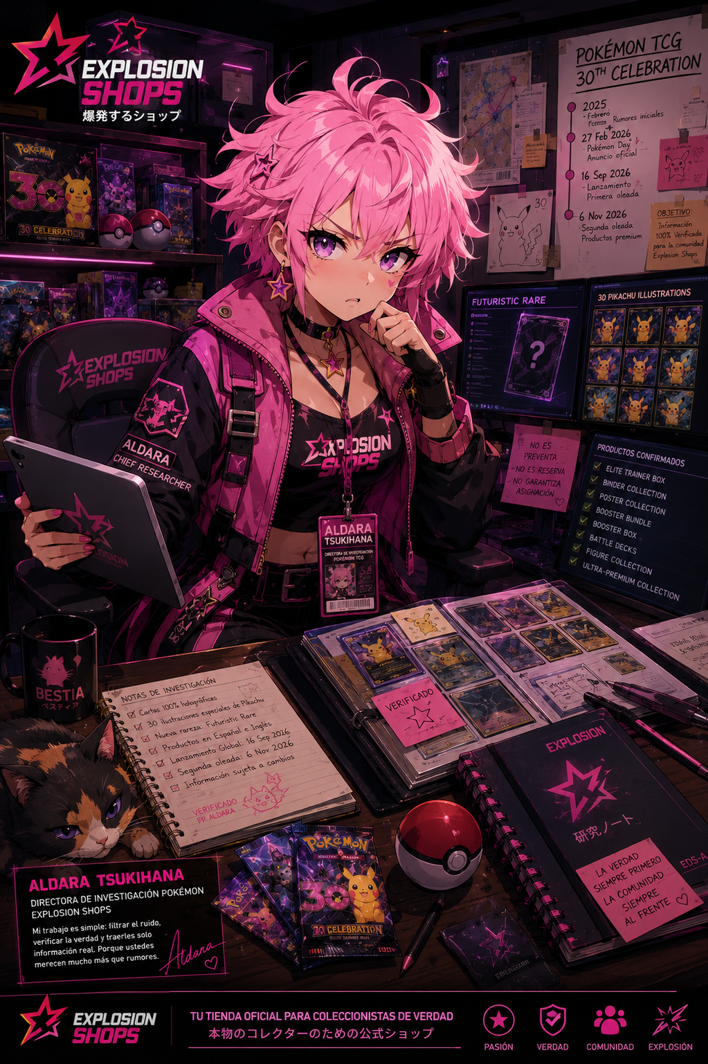 Aldara Tsukihana directora de investigacion Pokemon de Explosion Shops